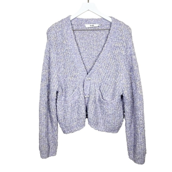 b+ab Womens Vneck Purple Boucle Knit Cardigan Sweater Faux Pearl Buttons Small - Picture 1 of 12